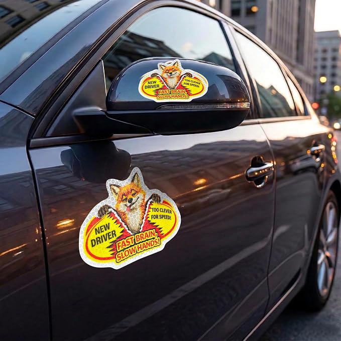 3 Pcs Reflective Student Driver Magnet and Stickers Set - Funny Animal New Driver Safety Signs for Car, Waterproof & Weatherproof High Visibility Vehicle Bumper Decals, Magnet + Stickers (Fox)