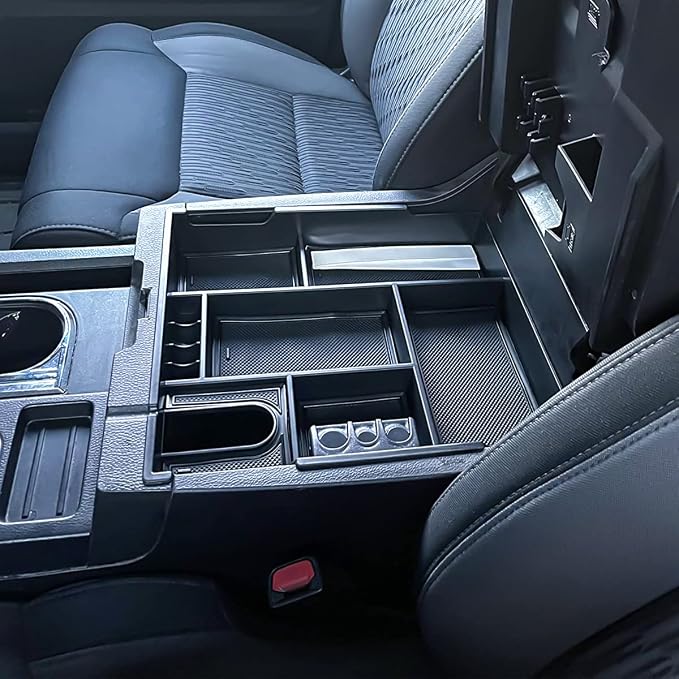 Center Console Organizer Compatible with 2014-2017 2018 2019 2020 2021 Tundra Accessories, Crewmax Interior Armrest Underseat Storage Box- Full-coverage Insert Tray, Black Trim