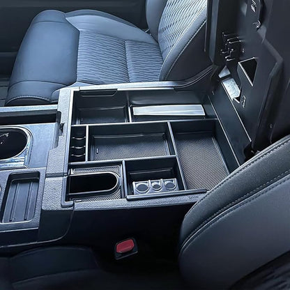 Center Console Organizer Compatible with 2014-2017 2018 2019 2020 2021 Tundra Accessories, Crewmax Interior Armrest Underseat Storage Box- Full-coverage Insert Tray, Black Trim