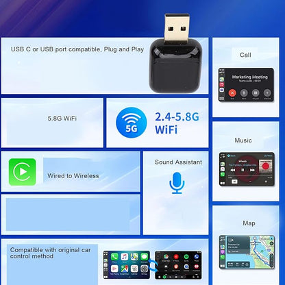 Convert Wired to Wireless Adapter with Retains All Functions, Plug and Play for and Android Auto, Black
