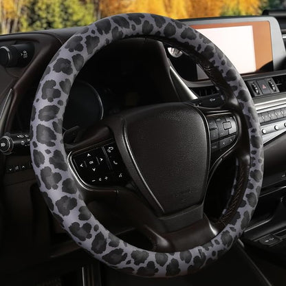 Black Leopard Print Steering Wheel Cover with Silicone Inner Ring, Non-Toxic, Odorless Silicone Leather with Non-Fading Pattern for Men Women, Universal 14.5 to 15 Inch (Black Leopard Print)
