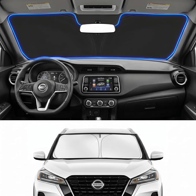 Custom Fit Windshield Sun Shade for Nissan Kicks 2018-2024 | Custom Fit Windshield Cover, Blocks UV Rays, Double-Layer Heat Shield, Durable Frame, Easy Fold & Storage