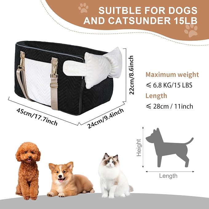Dog Car Seat for Small Dogs Adjustable Portable Center Console Dog Car Seat Removable Cat Booster Cars Seats - Safety Belt with Cushion Anti-Collapse for Puppy Kitten Up to 15 Lbs (Black)
