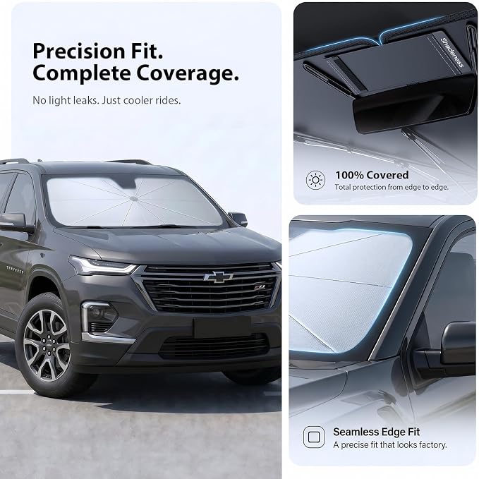 2026 Upgraded Windshield Sun Shade Umbrella for Chevrolet Traverse [Precision Custom Fit, Superior UV & Heat Block] Cooling Tech Fabric, Durable Foldable with Storage Bag, Fits 2009-2026