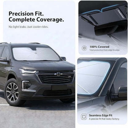 2026 Upgraded Windshield Sun Shade Umbrella for Chevrolet Traverse [Precision Custom Fit, Superior UV & Heat Block] Cooling Tech Fabric, Durable Foldable with Storage Bag, Fits 2009-2026