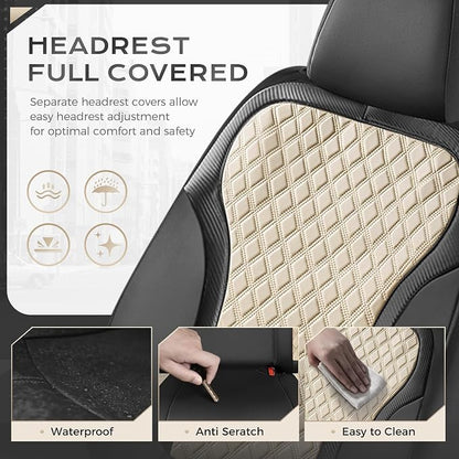 Coverado Front Seat Covers, 2-Pack Luxury Diamond Leather Car Seat Cover with Carbon Fibre Weave Design, Waterproof Car Seat Protectors, Black&Beige Driver Seat Covers Universal Fit for Cars Trucks