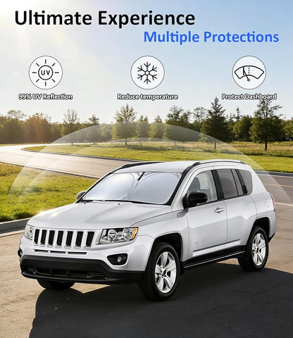 Windshield Sun Shade Custom-Fit for Jeep Compass 2007-2016 | Front Window Sunshade with 240T Sun Visor Protector Foldable Heat Shield Blocks UV Rays, Car Accessories