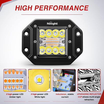 Nilight Flush Mount LED Light Pods 2PCS 42W Amber White 3 Lighting Modes Fog Lights Spot Flood Combo Beam with Dual Control 18AWG Wiring Harness for Truck Pickup Golf Cart UTV ATV SUV Boat 4x4 Car