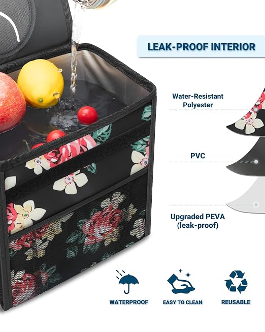 Capolo Car Trash Can with Lid, Leakproof Car Trash Bag Hanging Waterproof Automotive Garbage Can with Storage Pockets Mini Vehicle Trash Bin for Back/Front Seat(Flower,2.5 Gallon)