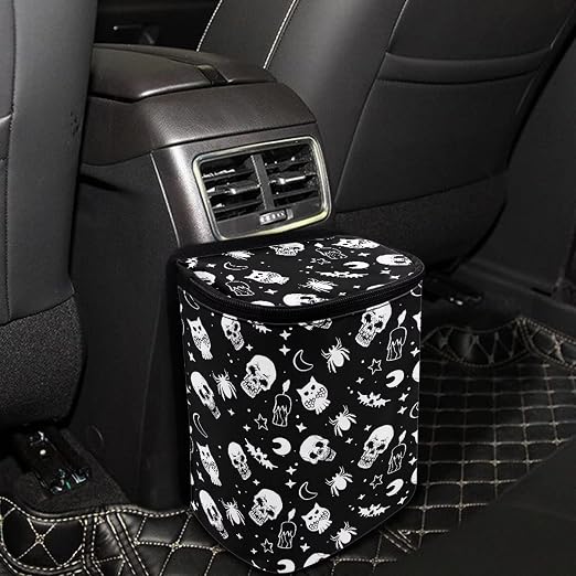 Gothic Skull Moon Star Owl Halloween Print Car Trash Can for Back Seat Leakproof Garbage Can with Lid Portable Collapsible Trash Bin Hanging Backseat Truck Organizer Car Accessories