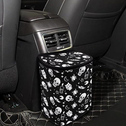 Gothic Skull Moon Star Owl Halloween Print Car Trash Can for Back Seat Leakproof Garbage Can with Lid Portable Collapsible Trash Bin Hanging Backseat Truck Organizer Car Accessories