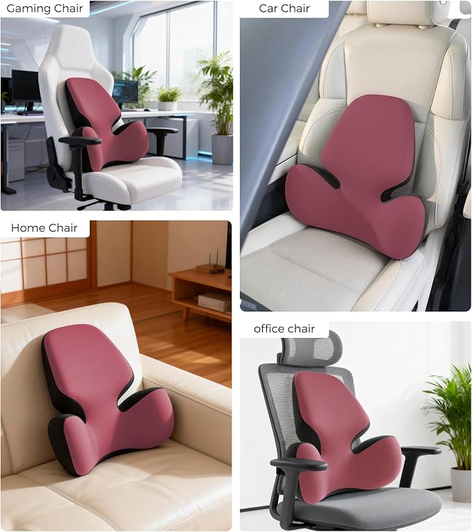 BEBAS Lumbar Support Pillow for Office Chair - Ergonomic Memory Foam Back Cushion for Lower Back Pain Relief - Washable & Breathable Cover - Fits Car Seats, Gaming Chairs & Wheelchairs - Red