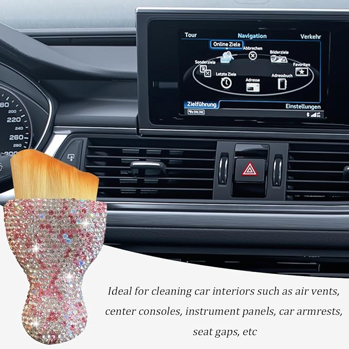 Bling Car Interior Dust Brush, Crystal Rhinestone Soft Auto Detailing Cleaning Brush, Sparkling Diamond Vehicle Dashboard Air Vent Cleaner for Women Girls, Universal for Vehicles (Pink)