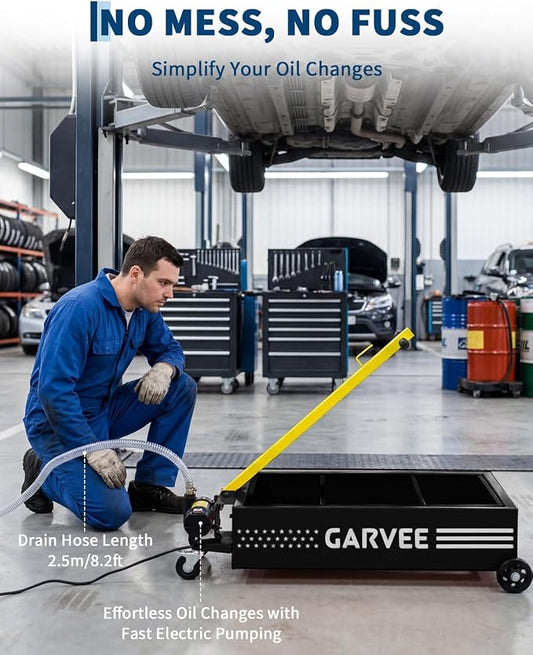 Garvee 20 Gallon Oil Drain Pan, 110V Waste Oil Drain Pan for Oil Change, Steel, 8-8.2 ft Hose& Folding Handle&Rolling Cart, Heavy Duty for Trucks,Black