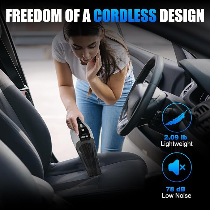 Handheld Vacuum Cordless, Ultra-Strong Suction Car Vacuum Portable Cordless, Rechargeable Hand Held Car Vacuum Cleaner High Power with Multi-Nozzles & Washable Filter for Car, Home, Pets, White&Black
