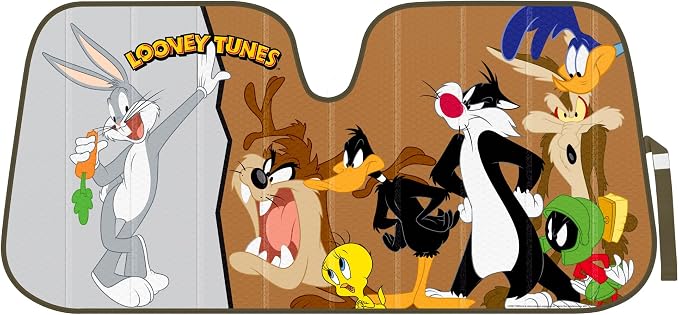 Looney Tunes Car Windshield Sun Shade for Front Window, Officially Licensed Car Sun Shade with Bugs Bunny Taz Daffy Duck and Friends Graphic, Accordion Style Sun Visor Sunshade for Car Windshield