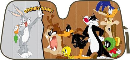 Looney Tunes Car Windshield Sun Shade for Front Window, Officially Licensed Car Sun Shade with Bugs Bunny Taz Daffy Duck and Friends Graphic, Accordion Style Sun Visor Sunshade for Car Windshield