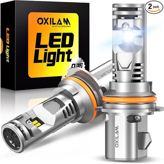 OXILAM 9007/HB5 LED Light Bulbs, Wireless HB5 Light Bulb, 1000% Ultra Bright 6500K Cool White, 1:1 Mini Size, CANbus Ready No Flicker, Pack of 2