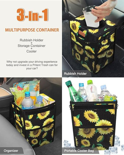 Pritent Car Trash Can with Lid, Cute Leakproof Car Trash Garbage Bag Hanging Vehicle Trash Bin Small Portable Automotive Garbage Cans Organizer for Back/Front Seat/Console(2.8 Gallons,Sunflower)