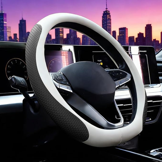 Car Leather Steering Wheel Cover, Genuine Embossed Leather with Anti-Slip Lining, Universal 15 Inch, Fits SUVs, Vans, Sedans, Trucks, White