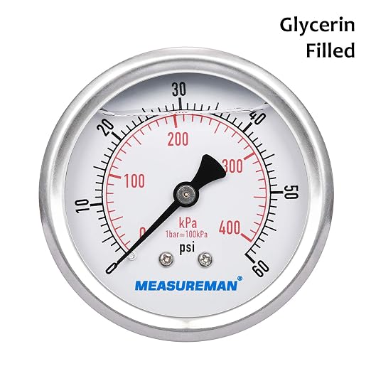 MEASUREMAN 2-1/2inch Dial Size, Liquid Filled Pressure Gauge, 0-60psi/400kpa, 304 Stainless Steel Case, 1/4inchNPT Back Mount