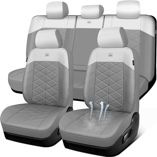 CAR PASS Memory Foam Leather Seat Covers Full Set, Breathable Perforated Nappa Leather Seat Covers Universal Fit for Most Cars,Sedans,SUV,Trucks Thick 3D Foam Comfortable, Airbag Compatible Gray White