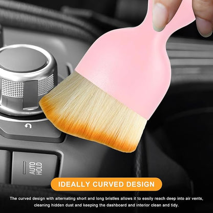 Car Interior Detailing Brush, Curved Car Interior Cleaning Brush with Ultra Soft Bristles & Dust Cover, Scratch-Free Auto Dusting Brushes for Dashboard AC Vent Leather (Pink)