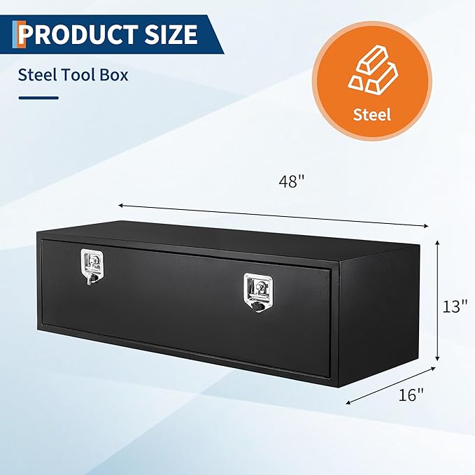 Black Steel Underbody Truck Box, Pickup Storage Box, Heavy Duty Diamond Plate Tool Box with Lock and Keys, Waterproof Trailer Storage Box (48" x 13" x 16"-Black)