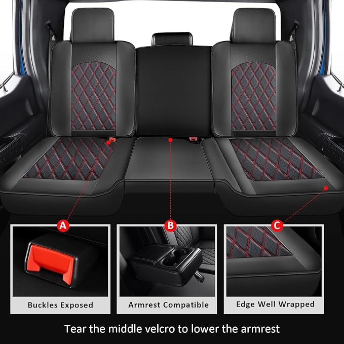 MIROZO Ram Seat Covers Full Set, Waterproof Truck Seat Cover Leather Car Seat Protector Compatible with 2009-2026 RAM 1500/2500/3500 Crew Quad Cab Pickup with Split Curved Bench 40/60,Black and Red