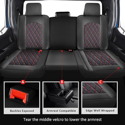 MIROZO Ram Seat Covers Full Set, Waterproof Truck Seat Cover Leather Car Seat Protector Compatible with 2009-2026 RAM 1500/2500/3500 Crew Quad Cab Pickup with Split Curved Bench 40/60,Black and Red