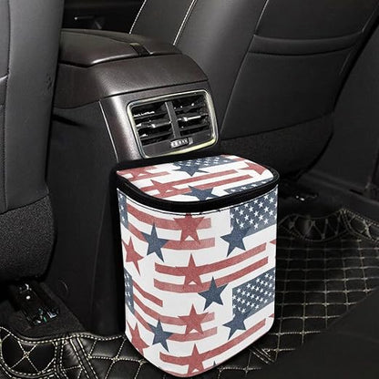 Talayituse Star American Flag Print Car Trash Bin, Large Size Auto Trash Can Adjustable Portable Garbage Can with Lid, Vehicle Hanging Bag for Headrest Front Back Seat 4th of July Decor