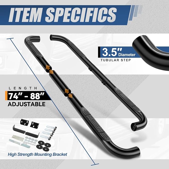 Auto Dynasty Running Boards Retractable and Adjustable Design, Compatible with 1999-2011 Silverado Sierra Suburban Tahoe Dodge Ram Yukon XL Extended Crew Cab, Mild Steel Tubular Side Steps, Black