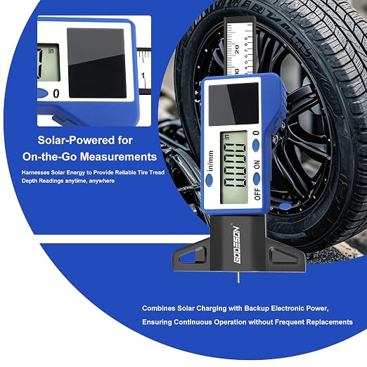 GODESON Digital Tire Tread Depth Gauge – Solar & Battery Hybrid, Inch/MM Modes, 1"/25.4mm Range, Blue Accurate Tread Depth Gauge Tool for Cars, Trucks & Motorcycles Tire Wear Check