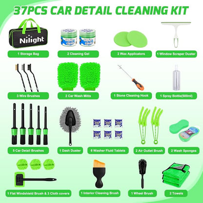 Nilight 37PCS Car Detailing Kit Auto Cleaning Tools Wash Set with Storage Carry Bag Home Use for Interior Exterior Deep Clean Car Care Windshield Dashboard Seat Air Vents Wheels Tires, Green