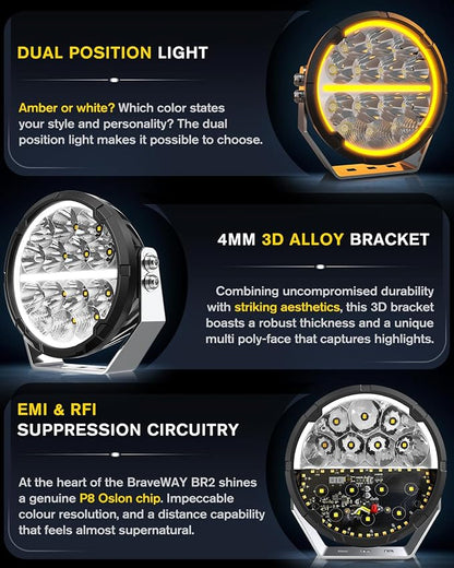 BraveWAY 6.5 Inch Round LED Driving Lights 140W 20400LM Round LED Offroad Light with Wiring Harness White & Amber DRL Spot Flood Combo Beam Auxiliary Light for Truck 4x4 ATV UTV, 2 Years Warranty Pair