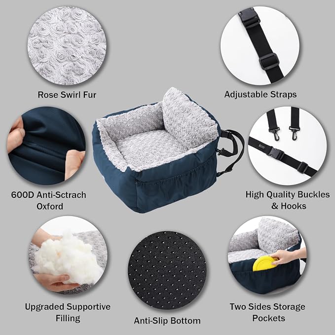 Oiilores Dog Car Seat for Small Dogs, Washable Pet Booster Seats for Car with Clip-On Safety Leash, Reversible Puppy Carseat with Storage Pockets, Travel Carrier Bed for Dogs Under 25 lbs, Blue