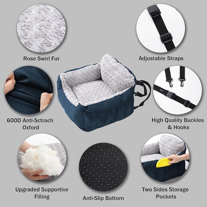 Oiilores Dog Car Seat for Small Dogs, Washable Pet Booster Seats for Car with Clip-On Safety Leash, Reversible Puppy Carseat with Storage Pockets, Travel Carrier Bed for Dogs Under 25 lbs, Blue