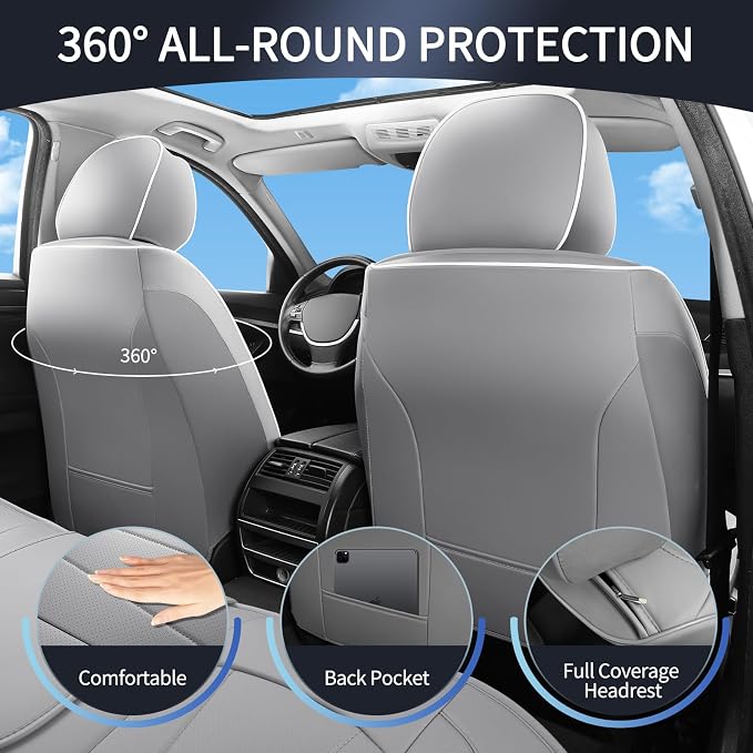 Car Seat Covers Full Set, Leather Seat Covers for Cars, Waterproof Car Seat Protector,Non-Slip Car Interior Covers, Automotive Seat Covers for Most Cars SUVs, Gray
