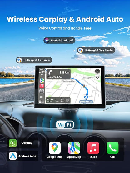 Portable Carplay Screen for Car, 9" Car Stereo Wireless CarPlay & Android Auto Touch Screen,4K Dash Cam/1080P Backup Camera/GPS Navigation/Mirror Link/Bluetooth//FM/Siri