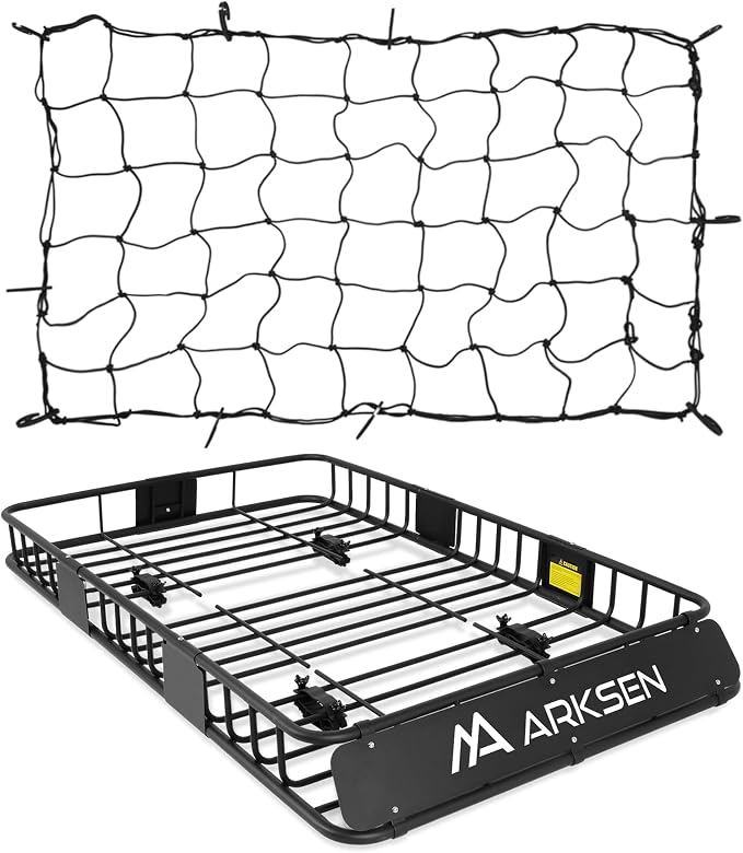 ARKSEN 64" x 39" x 6" Roof Rack Basket with Extension & Cargo Net, 150 lb Heavy-Duty Steel Cargo Carrier, Fits Crossbars up to 1.38" Thick, for SUV & Pickup Truck