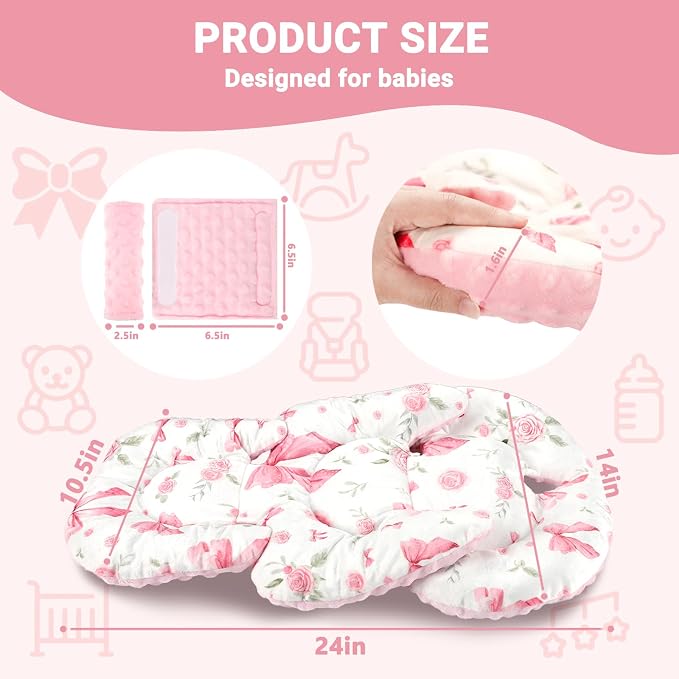 Infant Car Seat Insert Girls, Soft Car Seat Head Support Baby & 2 Strap Pads, Preemie Newborn Carseat Insert Reversible Fits for Stroller, Baby Swing, Rocker, Bassinets, Bouncer, Pink Rose