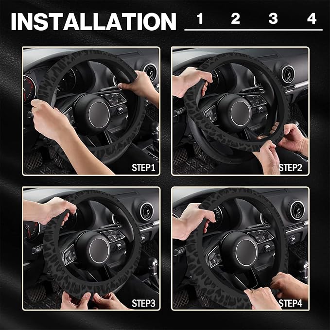 Black Leopard Cheetah Steering Wheel Cover, Anti-Slip Universal Car Steering Wheel Cover for Women Girls, Soft Breathable Neoprene 15 Inch Car Accessories Case fit for Cars Auto SUVs