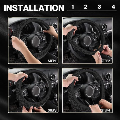 Black Leopard Cheetah Steering Wheel Cover, Anti-Slip Universal Car Steering Wheel Cover for Women Girls, Soft Breathable Neoprene 15 Inch Car Accessories Case fit for Cars Auto SUVs