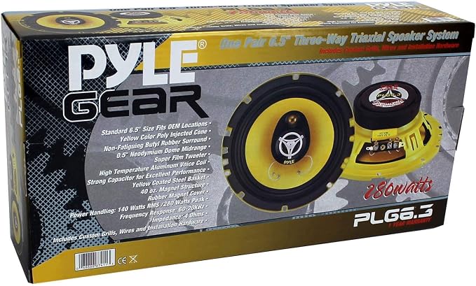 Pyle Car Three Way Speaker System - Pro 6.5 Inch 280 Watt 4 Ohm Mid Tweeter Component Audio Sound Speakers For Car Stereo w/ 40 Oz Magnet, 2.25” Mount Depth Fits Standard OEM - Pyle PLG6.3 (Pair),Yellow/Black