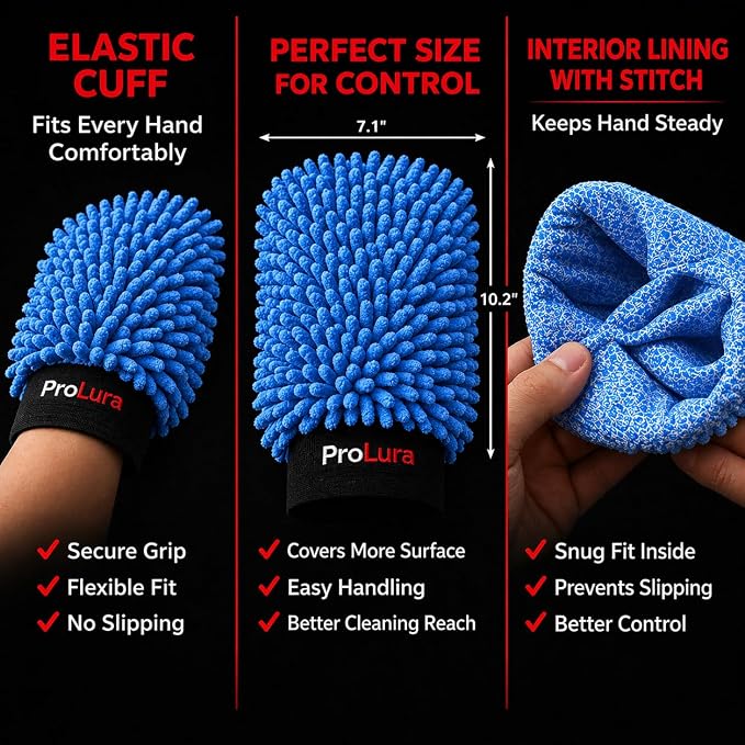 Microfiber Car Wash Mitt 2 Pack, Chenille Scratch-Free Wash Gloves, Ultra Soft, Highly Absorbent, 7.1” x 10.2”, Lint-Free, Reusable Auto Cleaning Mitt (Blue)
