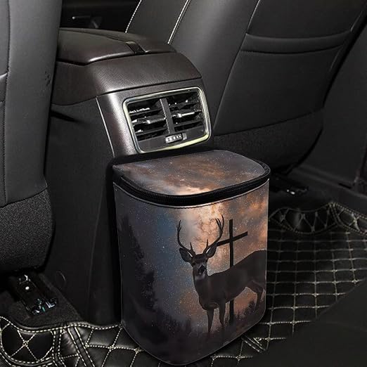 Talayituse Galaxy Deer Cross Print Car Trash Bin, Large Size Auto Trash Can Adjustable Portable Garbage Can with Lid, Vehicle Hanging Bag for Headrest Front Back Seat