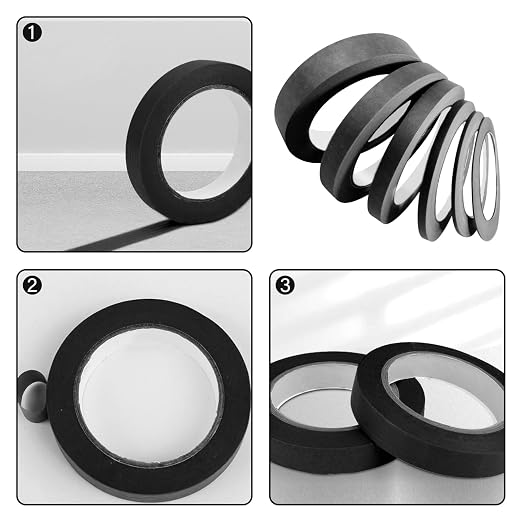 6 Rolls Fine Line Tape 1/16, 1/8, 1/5, 2/5, 1/2, 3/4 Inch x 55 Yard Fineline Masking Tape Painter Adhesive Automotive for DIY Car Auto Paint (Black, Mixed Sizes)