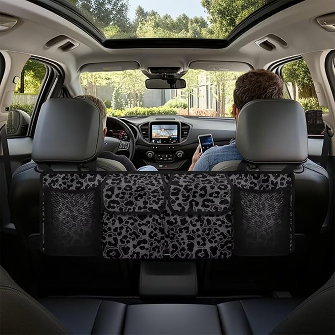 Black Leopard Print Backseat Trunk Organizer for Car Trunk Storage Bag with Lid Hanging Multipurpose Cargo Bag,Easy to Install
