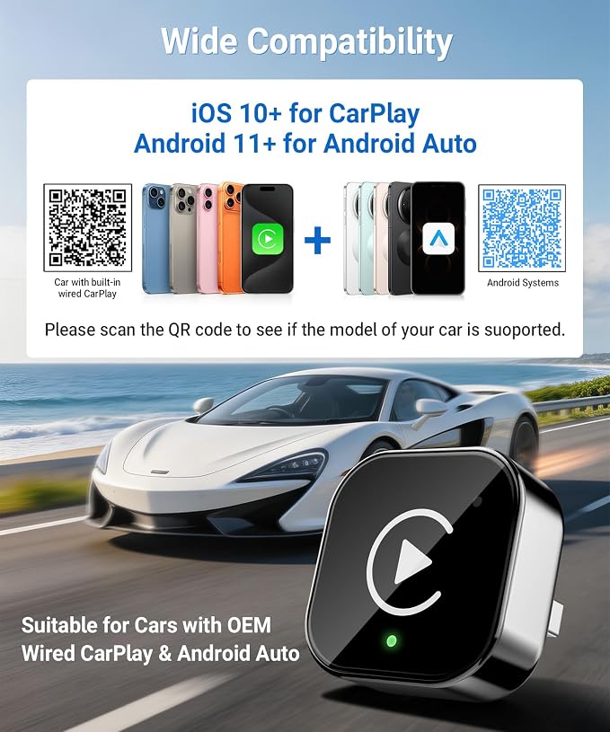 Ticarve 2-in-1 Wireless Apple CarPlay & Android Auto Adapter, Plug & Play CarPlay Wired to Wireless Adapter, Stable Auto-Connect, No Latency, iOS 10+ & Android 11+, USB/USB-C Extension Cable