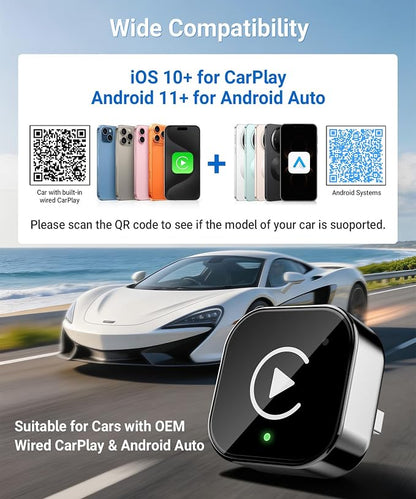 Ticarve 2-in-1 Wireless Apple CarPlay & Android Auto Adapter, Plug & Play CarPlay Wired to Wireless Adapter, Stable Auto-Connect, No Latency, iOS 10+ & Android 11+, USB/USB-C Extension Cable